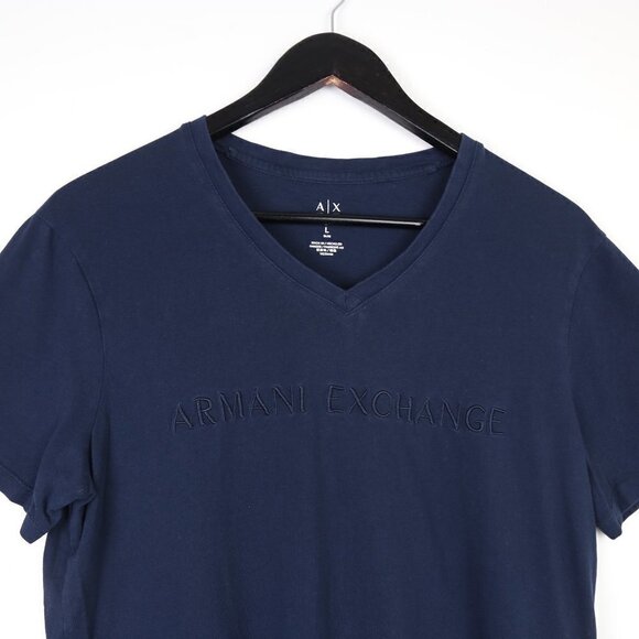 ARMANI EXCHANGE Shirt V-neck Spell Out Graphic Short Sleeve Dark Navy Blue - Picture 2 of 5